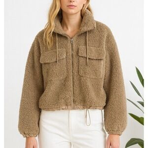 FOREVER 21 Teddy Fleece Zip Up Jacket Tan Cropped Utility Pockets Drawstring S